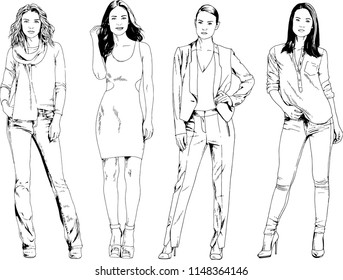 vector drawings on the theme of beautiful slim sporty girl in casual clothes in various poses painted ink hand sketch with no background