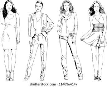 vector drawings on the theme of beautiful slim sporty girl in casual clothes in various poses painted ink hand sketch with no background
