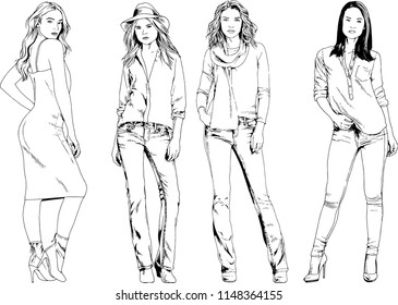 vector drawings on the theme of beautiful slim sporty girl in casual clothes in various poses painted ink hand sketch with no background