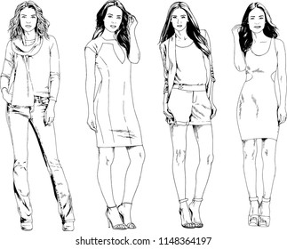 vector drawings on the theme of beautiful slim sporty girl in casual clothes in various poses painted ink hand sketch with no background