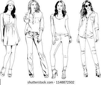 vector drawings on the theme of beautiful slim sporty girl in casual clothes in various poses painted ink hand sketch with no background