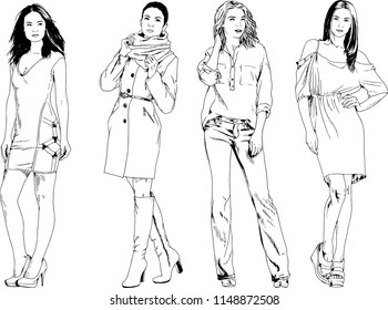 vector drawings on the theme of beautiful slim sporty girl in casual clothes in various poses painted ink hand sketch with no background