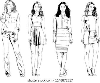 vector drawings on the theme of beautiful slim sporty girl in casual clothes in various poses painted ink hand sketch with no background