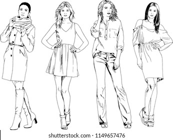 vector drawings on the theme of beautiful slim sporty girl in casual clothes in various poses painted ink hand sketch with no background
