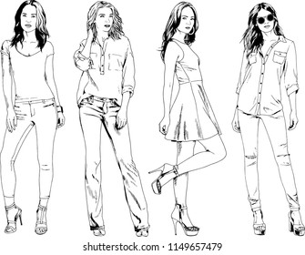 vector drawings on the theme of beautiful slim sporty girl in casual clothes in various poses painted ink hand sketch with no background