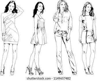 vector drawings on the theme of beautiful slim sporty girl in casual clothes in various poses painted ink hand sketch with no background