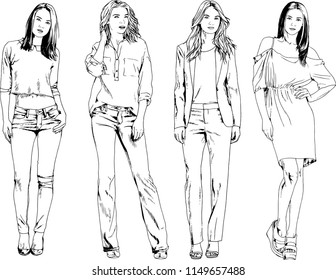 vector drawings on the theme of beautiful slim sporty girl in casual clothes in various poses painted ink hand sketch with no background