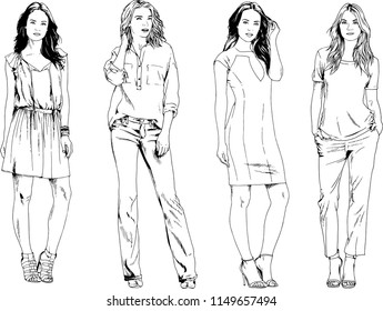 vector drawings on the theme of beautiful slim sporty girl in casual clothes in various poses painted ink hand sketch with no background