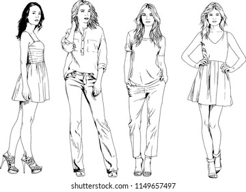 vector drawings on the theme of beautiful slim sporty girl in casual clothes in various poses painted ink hand sketch with no background