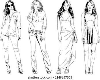 vector drawings on the theme of beautiful slim sporty girl in casual clothes in various poses painted ink hand sketch with no background