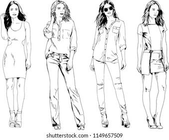vector drawings on the theme of beautiful slim sporty girl in casual clothes in various poses painted ink hand sketch with no background