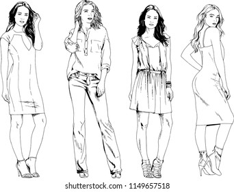 vector drawings on the theme of beautiful slim sporty girl in casual clothes in various poses painted ink hand sketch with no background