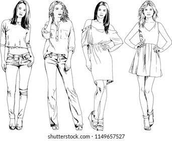 vector drawings on the theme of beautiful slim sporty girl in casual clothes in various poses painted ink hand sketch with no background