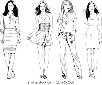 vector drawings on the theme of beautiful slim sporty girl in casual clothes in various poses painted ink hand sketch with no background