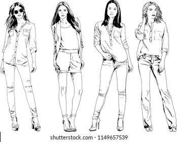 vector drawings on the theme of beautiful slim sporty girl in casual clothes in various poses painted ink hand sketch with no background