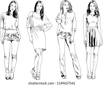 vector drawings on the theme of beautiful slim sporty girl in casual clothes in various poses painted ink hand sketch with no background