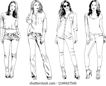 vector drawings on the theme of beautiful slim sporty girl in casual clothes in various poses painted ink hand sketch with no background