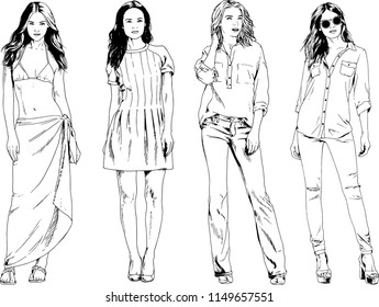 vector drawings on the theme of beautiful slim sporty girl in casual clothes in various poses painted ink hand sketch with no background