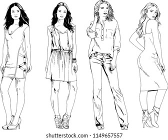 vector drawings on the theme of beautiful slim sporty girl in casual clothes in various poses painted ink hand sketch with no background