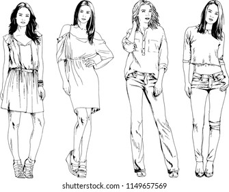 vector drawings on the theme of beautiful slim sporty girl in casual clothes in various poses painted ink hand sketch with no background