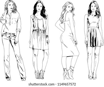 vector drawings on the theme of beautiful slim sporty girl in casual clothes in various poses painted ink hand sketch with no background