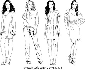 vector drawings on the theme of beautiful slim sporty girl in casual clothes in various poses painted ink hand sketch with no background