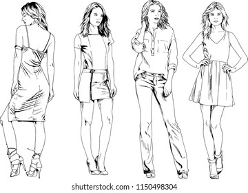 vector drawings on the theme of beautiful slim sporty girl in casual clothes in various poses painted ink hand sketch with no background