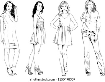 vector drawings on the theme of beautiful slim sporty girl in casual clothes in various poses painted ink hand sketch with no background