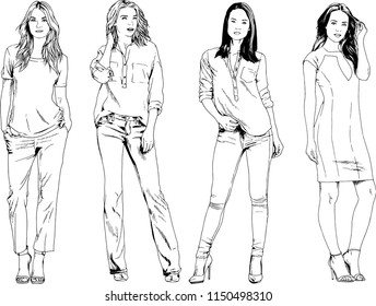 vector drawings on the theme of beautiful slim sporty girl in casual clothes in various poses painted ink hand sketch with no background