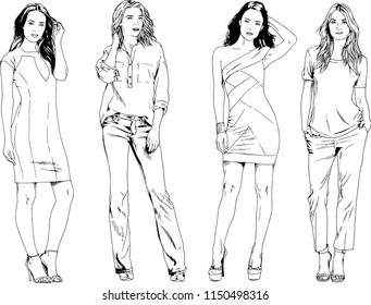 vector drawings on the theme of beautiful slim sporty girl in casual clothes in various poses painted ink hand sketch with no background