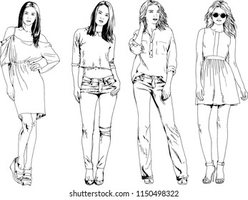 vector drawings on the theme of beautiful slim sporty girl in casual clothes in various poses painted ink hand sketch with no background