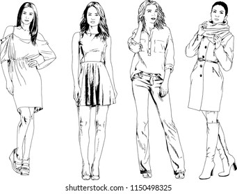 vector drawings on the theme of beautiful slim sporty girl in casual clothes in various poses painted ink hand sketch with no background