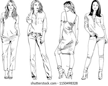 vector drawings on the theme of beautiful slim sporty girl in casual clothes in various poses painted ink hand sketch with no background