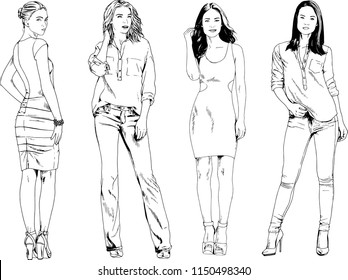 vector drawings on the theme of beautiful slim sporty girl in casual clothes in various poses painted ink hand sketch with no background