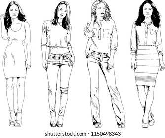 vector drawings on the theme of beautiful slim sporty girl in casual clothes in various poses painted ink hand sketch with no background