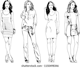 vector drawings on the theme of beautiful slim sporty girl in casual clothes in various poses painted ink hand sketch with no background
