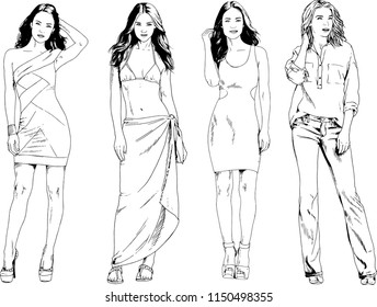 vector drawings on the theme of beautiful slim sporty girl in casual clothes in various poses painted ink hand sketch with no background
