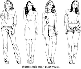 vector drawings on the theme of beautiful slim sporty girl in casual clothes in various poses painted ink hand sketch with no background