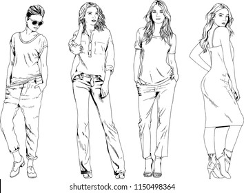vector drawings on the theme of beautiful slim sporty girl in casual clothes in various poses painted ink hand sketch with no background