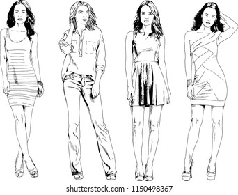 vector drawings on the theme of beautiful slim sporty girl in casual clothes in various poses painted ink hand sketch with no background