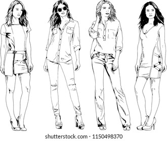 vector drawings on the theme of beautiful slim sporty girl in casual clothes in various poses painted ink hand sketch with no background