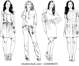 vector drawings on the theme of beautiful slim sporty girl in casual clothes in various poses painted ink hand sketch with no background