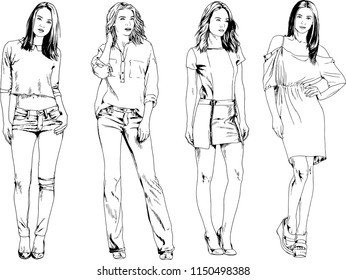 vector drawings on the theme of beautiful slim sporty girl in casual clothes in various poses painted ink hand sketch with no background