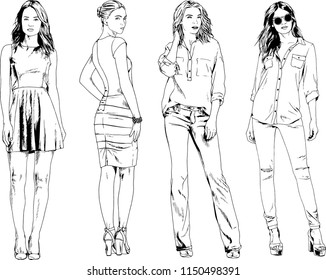 vector drawings on the theme of beautiful slim sporty girl in casual clothes in various poses painted ink hand sketch with no background
