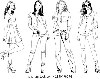 vector drawings on the theme of beautiful slim sporty girl in casual clothes in various poses painted ink hand sketch with no background