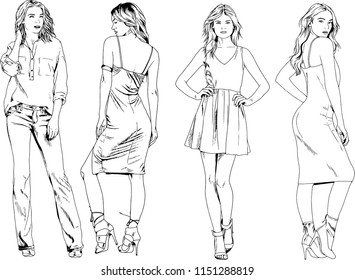 vector drawings on the theme of beautiful slim sporty girl in casual clothes in various poses painted ink hand sketch with no background