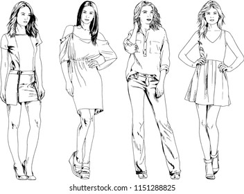 vector drawings on the theme of beautiful slim sporty girl in casual clothes in various poses painted ink hand sketch with no background