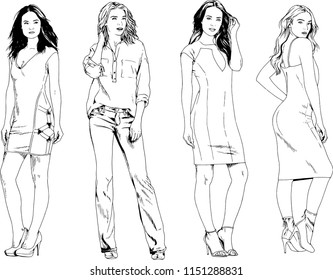 vector drawings on the theme of beautiful slim sporty girl in casual clothes in various poses painted ink hand sketch with no background
