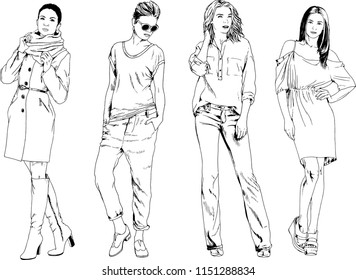 vector drawings on the theme of beautiful slim sporty girl in casual clothes in various poses painted ink hand sketch with no background