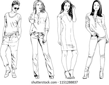 vector drawings on the theme of beautiful slim sporty girl in casual clothes in various poses painted ink hand sketch with no background